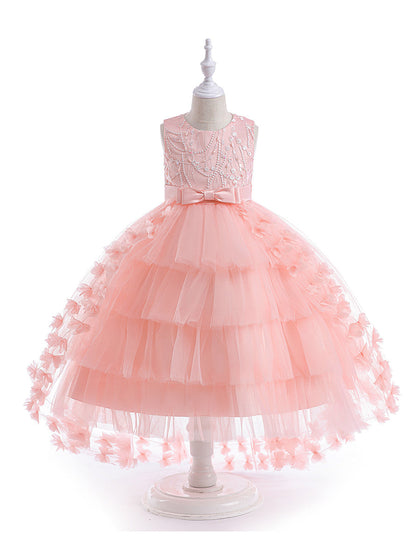 Prinzessin Ballkleid U-Ausschnitt Stickerei Stufenkleid Blumenmädchenkleider mit Gürtel