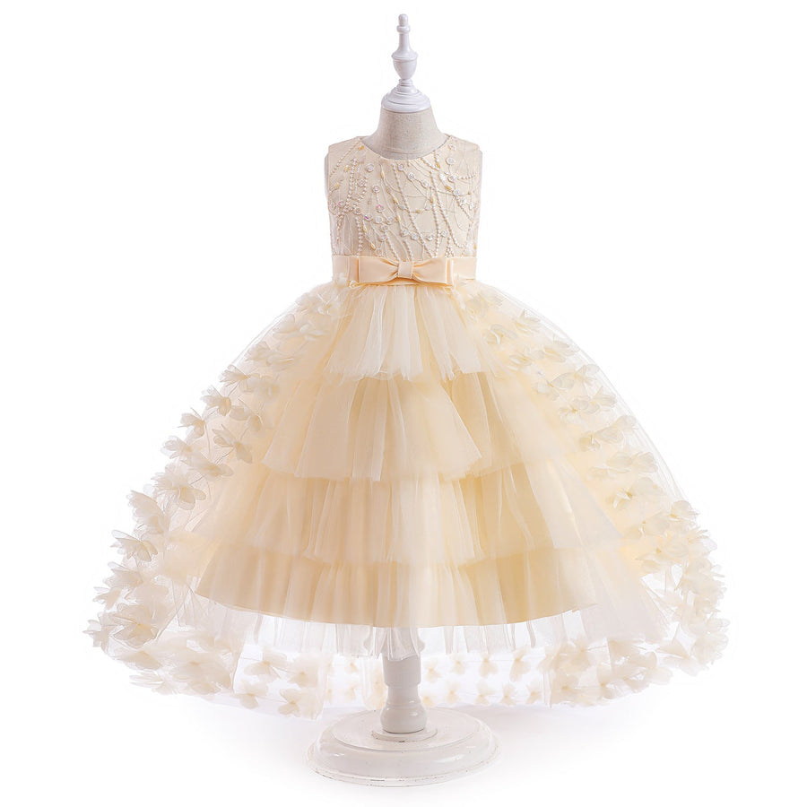 Prinzessin Ballkleid U-Ausschnitt Stickerei Stufenkleid Blumenmädchenkleider mit Gürtel
