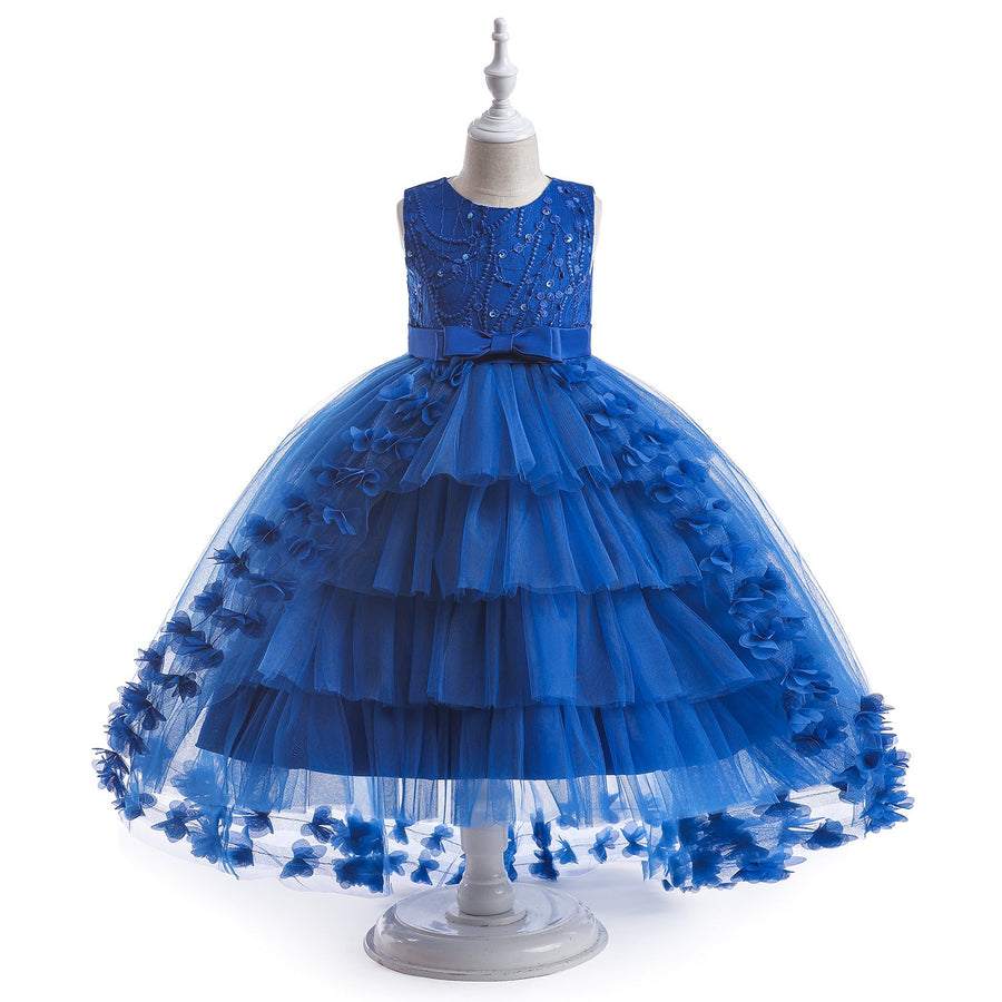 Prinzessin Ballkleid U-Ausschnitt Stickerei Stufenkleid Blumenmädchenkleider mit Gürtel