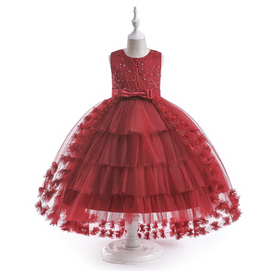 Prinzessin Ballkleid U-Ausschnitt Stickerei Stufenkleid Blumenmädchenkleider mit Gürtel