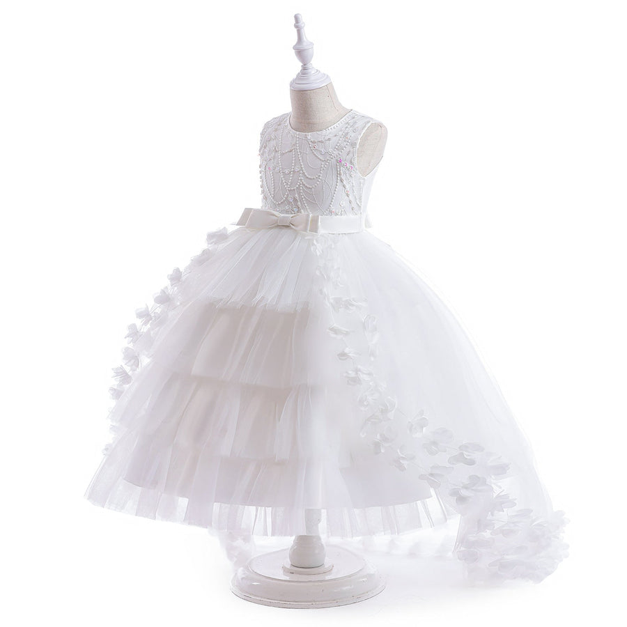 Prinzessin Ballkleid U-Ausschnitt Stickerei Stufenkleid Blumenmädchenkleider mit Gürtel