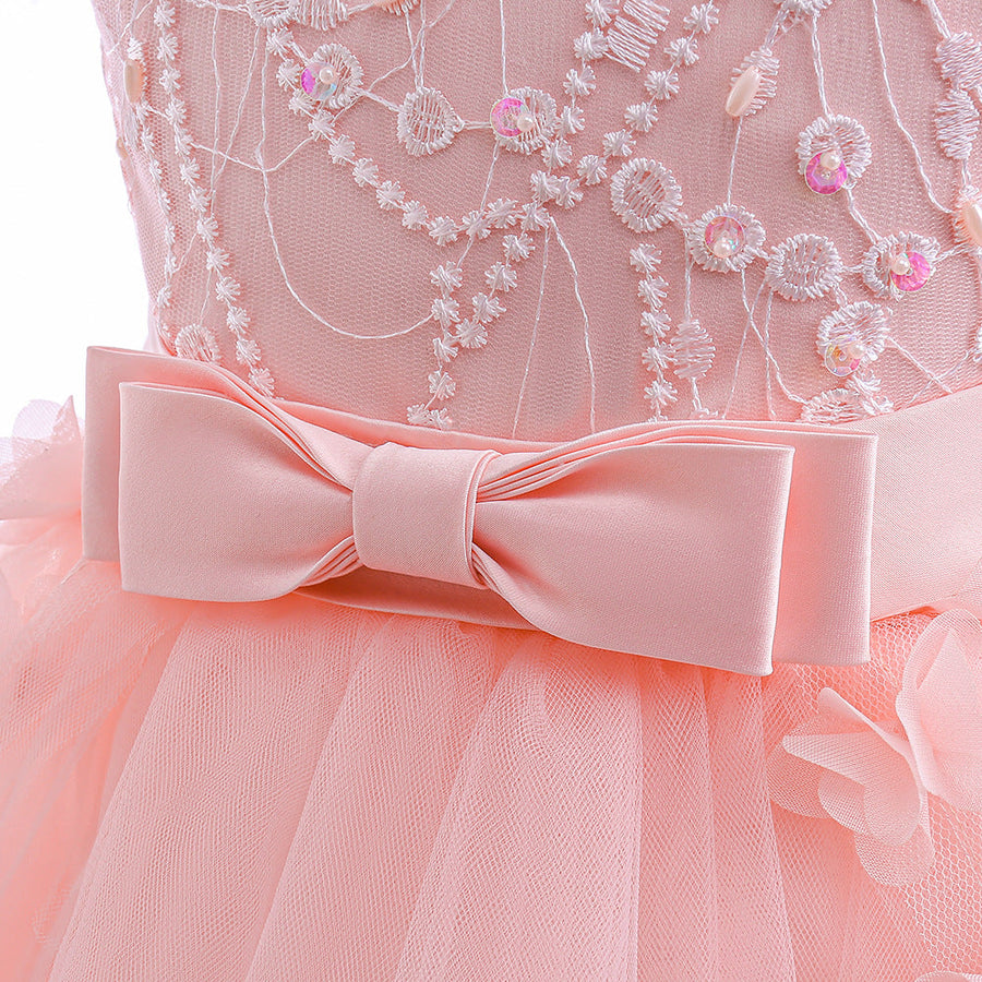 Prinzessin Ballkleid U-Ausschnitt Stickerei Stufenkleid Blumenmädchenkleider mit Gürtel