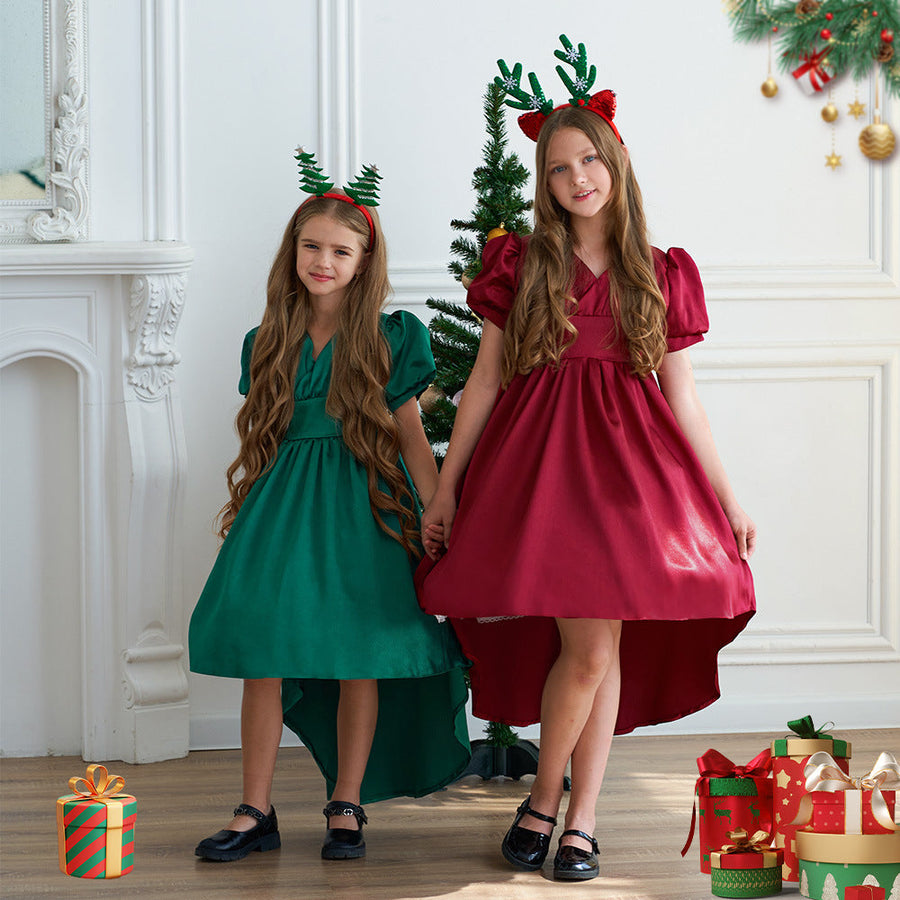 A-Linie/Princess-Linie V-Ausschnitt Kurze Ärmel Geraffte Weihnachtskleider für Mädchen