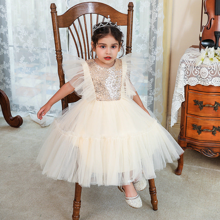 Ballkleid U-Ausschnitt Fliegende Ärmel Blumenmädchenkleider mit Pailletten