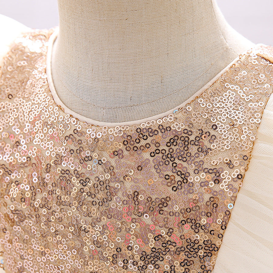 Ballkleid U-Ausschnitt Fliegende Ärmel Blumenmädchenkleider mit Pailletten