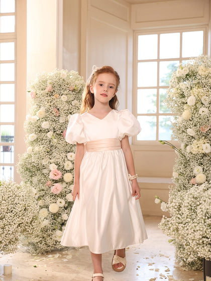 A-Linie/Princess-Linie V-Ausschnitt Puffärmel Blumenmädchenkleider mit Schärpe