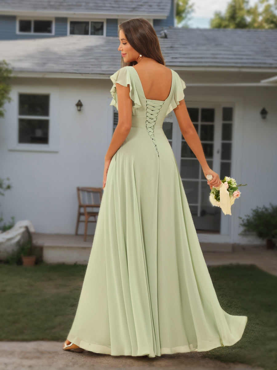 A-Linie/Princess-Linie Chiffon V-Ausschnitt Lange Brautjungfernkleider mit Rüschen