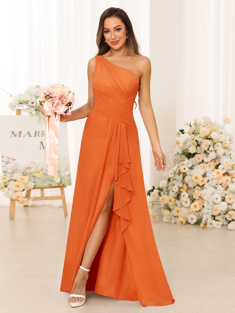 A-Linie/Princess-Linie One-Shoulder-Träger Lange Brautjungfernkleider mit Schlitz an der Seite