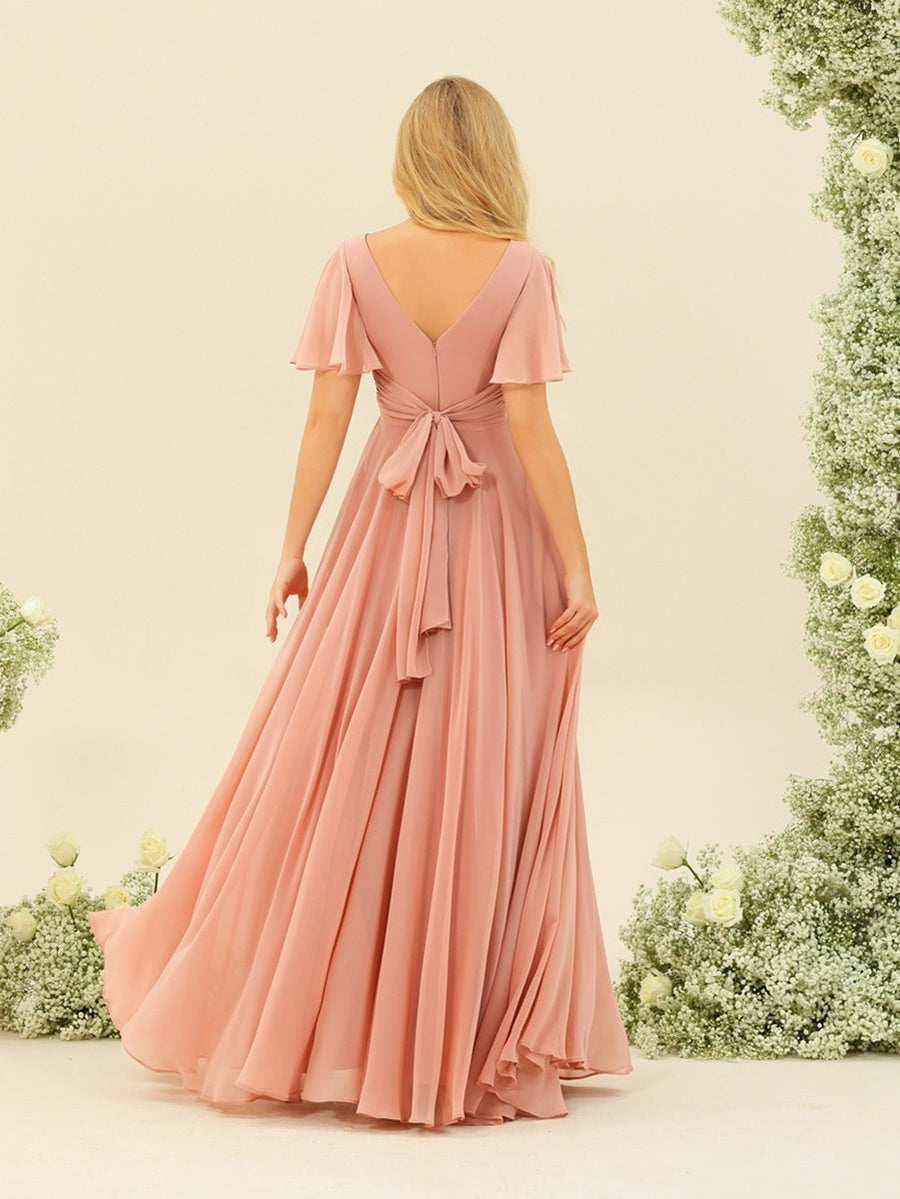 A-Linie/Princess-Linie Rüschen V-Ausschnitt Kurze Ärmel Brautjungfernkleider mit Schleife