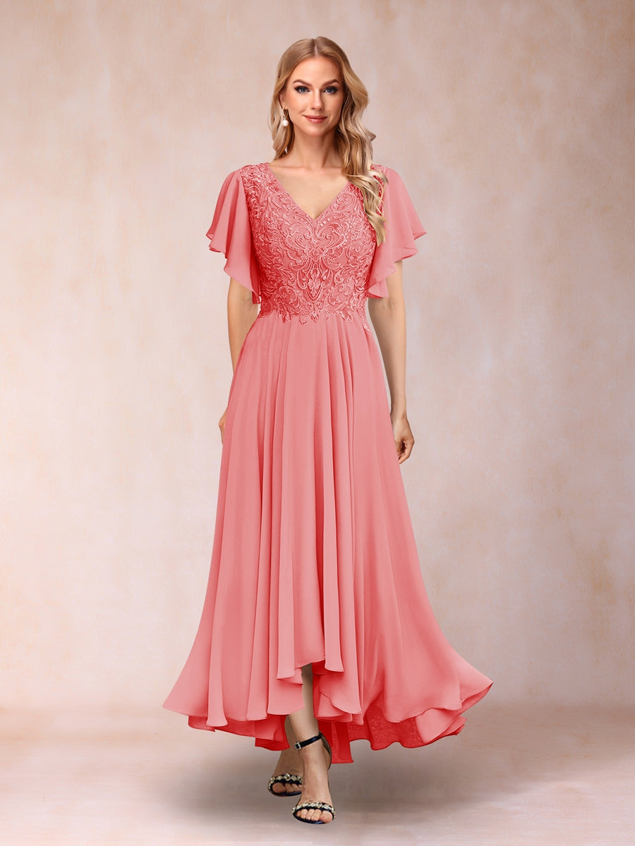 A-Linie/Princess-Linie V-Ausschnitt Kurze Ärmel Lange Abendkleider mit Applikationen