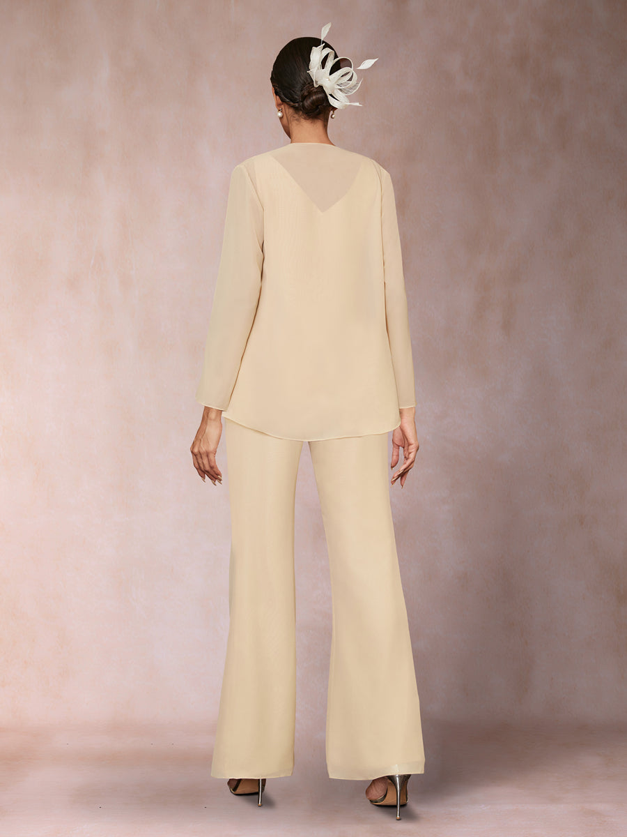 Chiffon Pailletten V-Ausschnitt Lange Ärmel 3-teiliger Hosenanzug mit Jacke