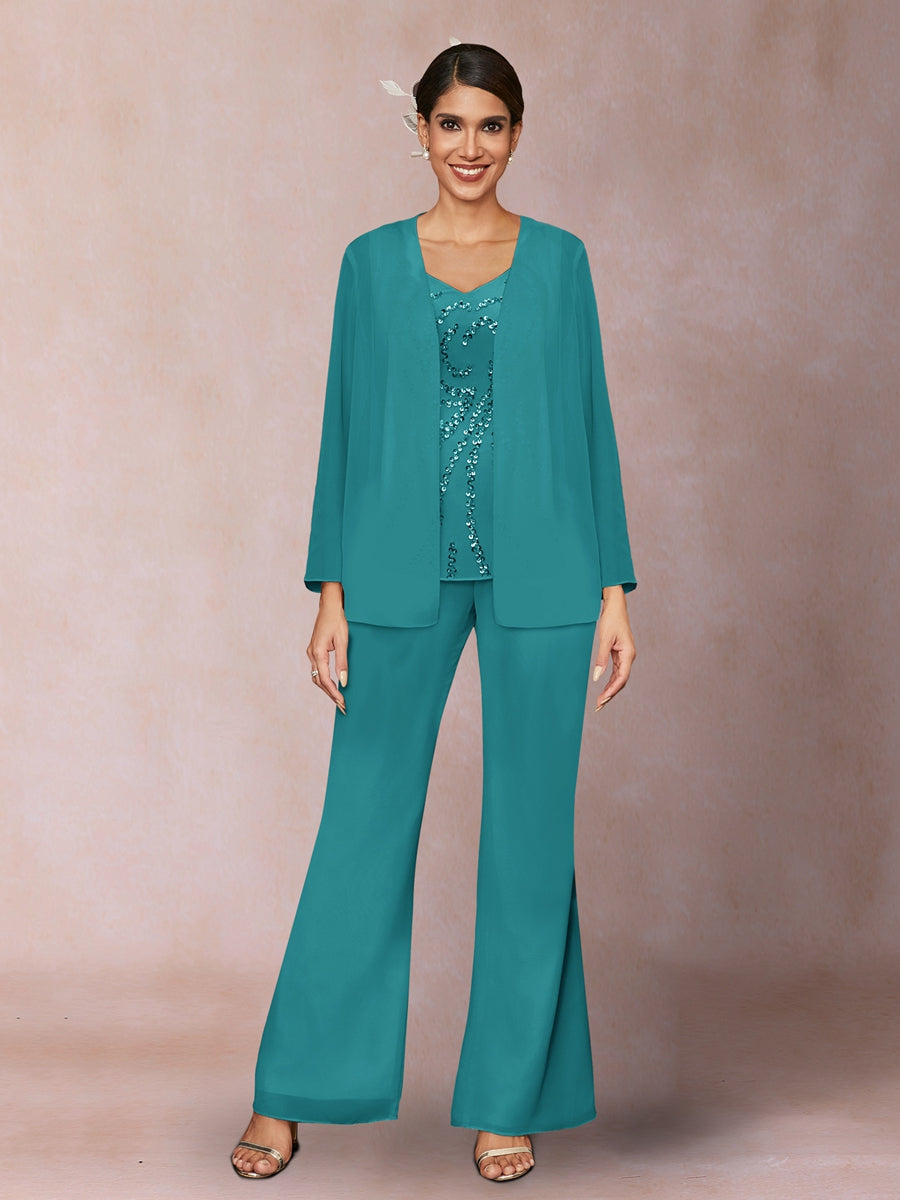 Chiffon Pailletten V-Ausschnitt Lange Ärmel 3-teiliger Hosenanzug mit Jacke