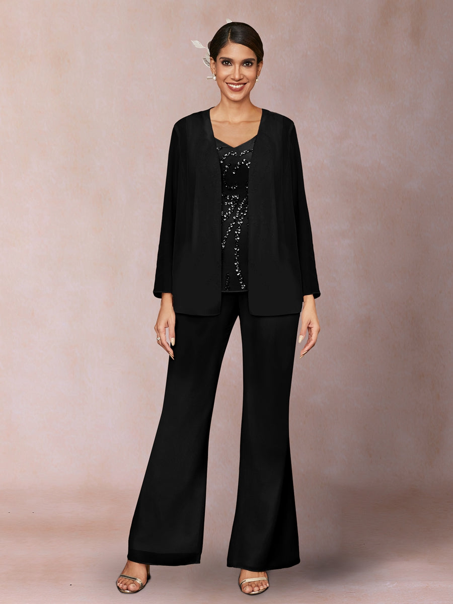 Chiffon Pailletten V-Ausschnitt Lange Ärmel 3-teiliger Hosenanzug mit Jacke