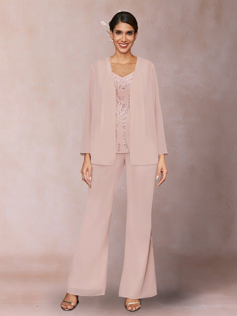 Chiffon Pailletten V-Ausschnitt Lange Ärmel 3-teiliger Hosenanzug mit Jacke