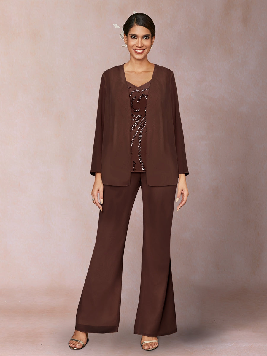 Chiffon Pailletten V-Ausschnitt Lange Ärmel 3-teiliger Hosenanzug mit Jacke