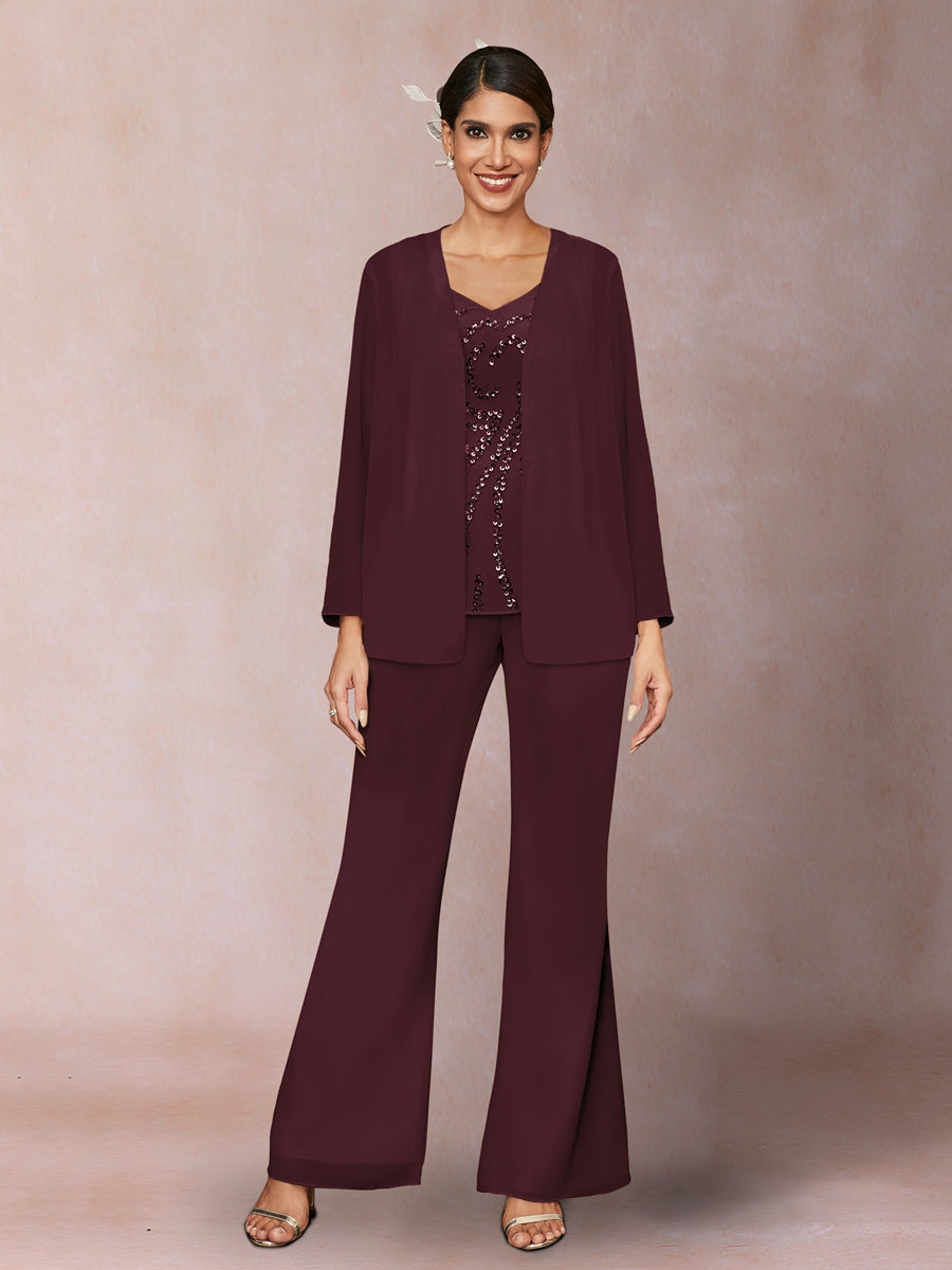 Chiffon Pailletten V-Ausschnitt Lange Ärmel 3-teiliger Hosenanzug mit Jacke