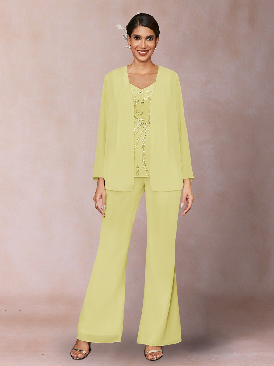 Chiffon Pailletten V-Ausschnitt Lange Ärmel 3-teiliger Hosenanzug mit Jacke