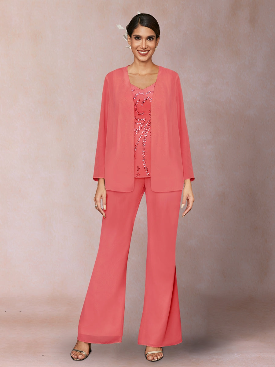 Chiffon Pailletten V-Ausschnitt Lange Ärmel 3-teiliger Hosenanzug mit Jacke