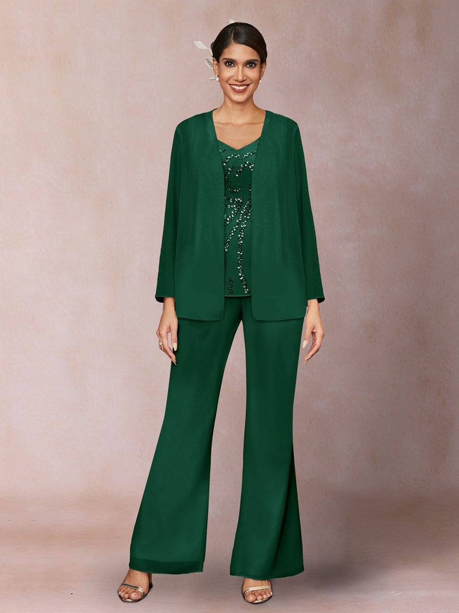 Chiffon Pailletten V-Ausschnitt Lange Ärmel 3-teiliger Hosenanzug mit Jacke