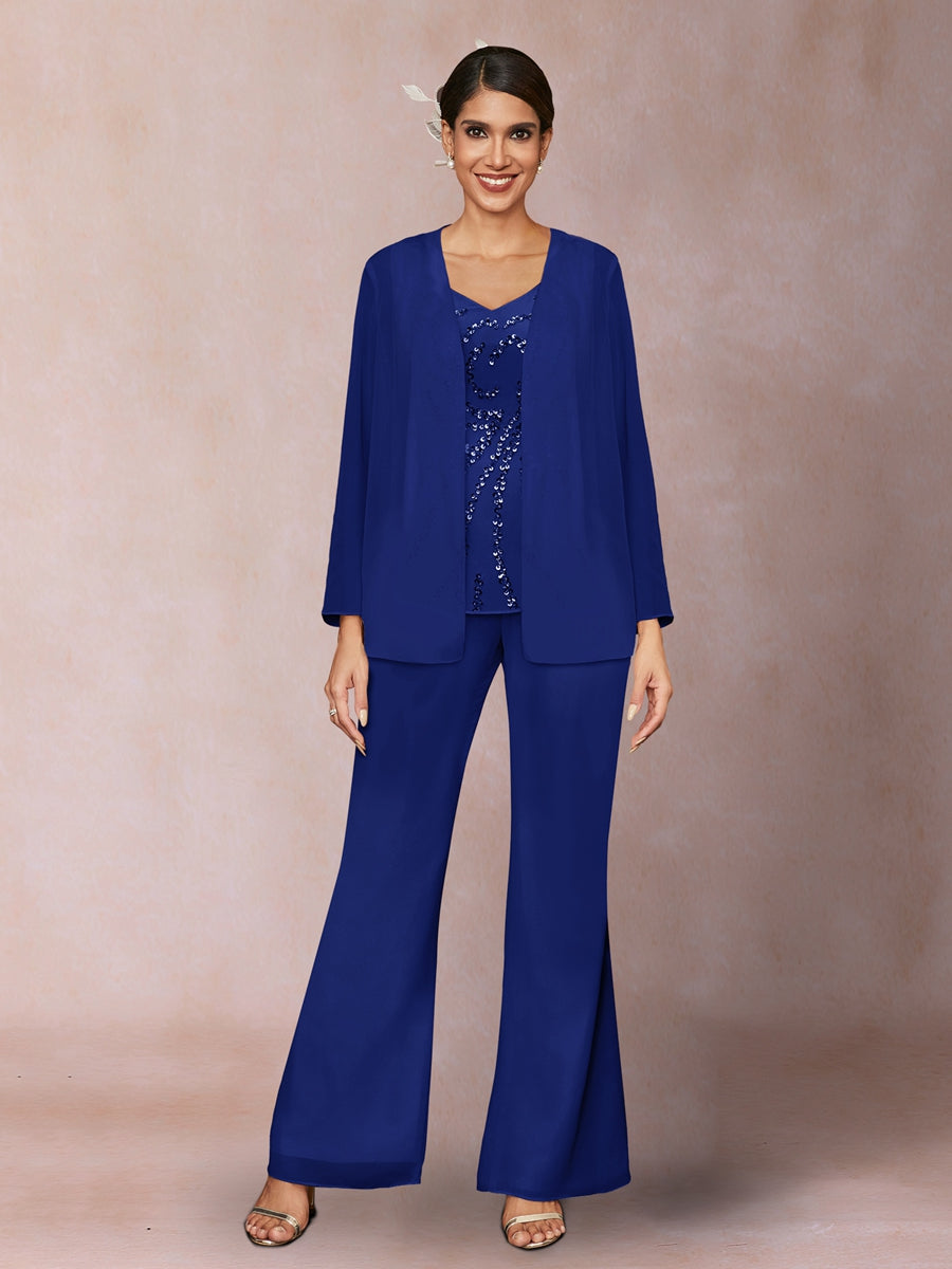 Chiffon Pailletten V-Ausschnitt Lange Ärmel 3-teiliger Hosenanzug mit Jacke