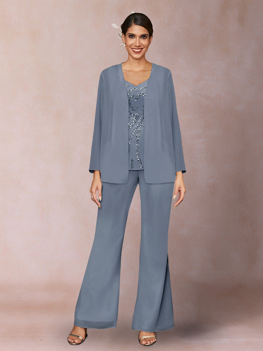 Chiffon Pailletten V-Ausschnitt Lange Ärmel 3-teiliger Hosenanzug mit Jacke