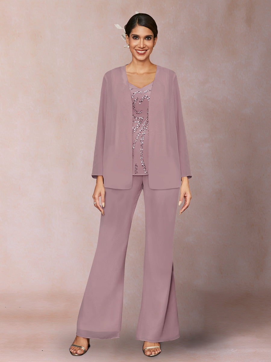 Chiffon Pailletten V-Ausschnitt Lange Ärmel 3-teiliger Hosenanzug mit Jacke