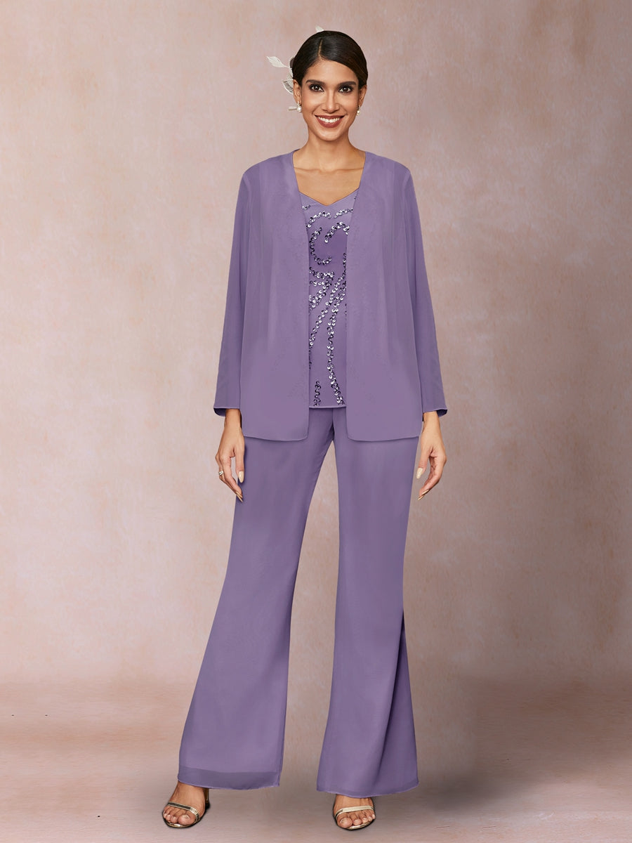 Chiffon Pailletten V-Ausschnitt Lange Ärmel 3-teiliger Hosenanzug mit Jacke