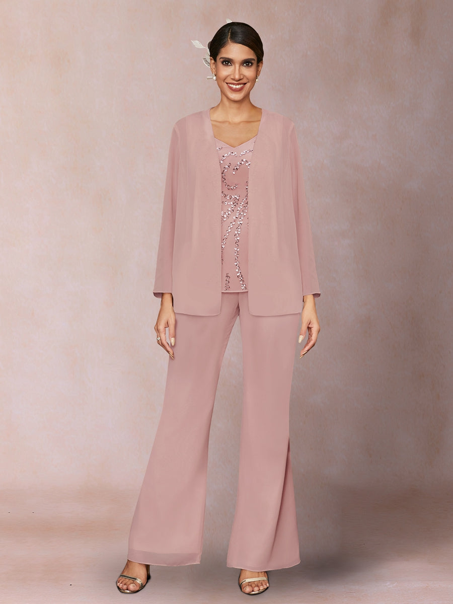 Chiffon Pailletten V-Ausschnitt Lange Ärmel 3-teiliger Hosenanzug mit Jacke