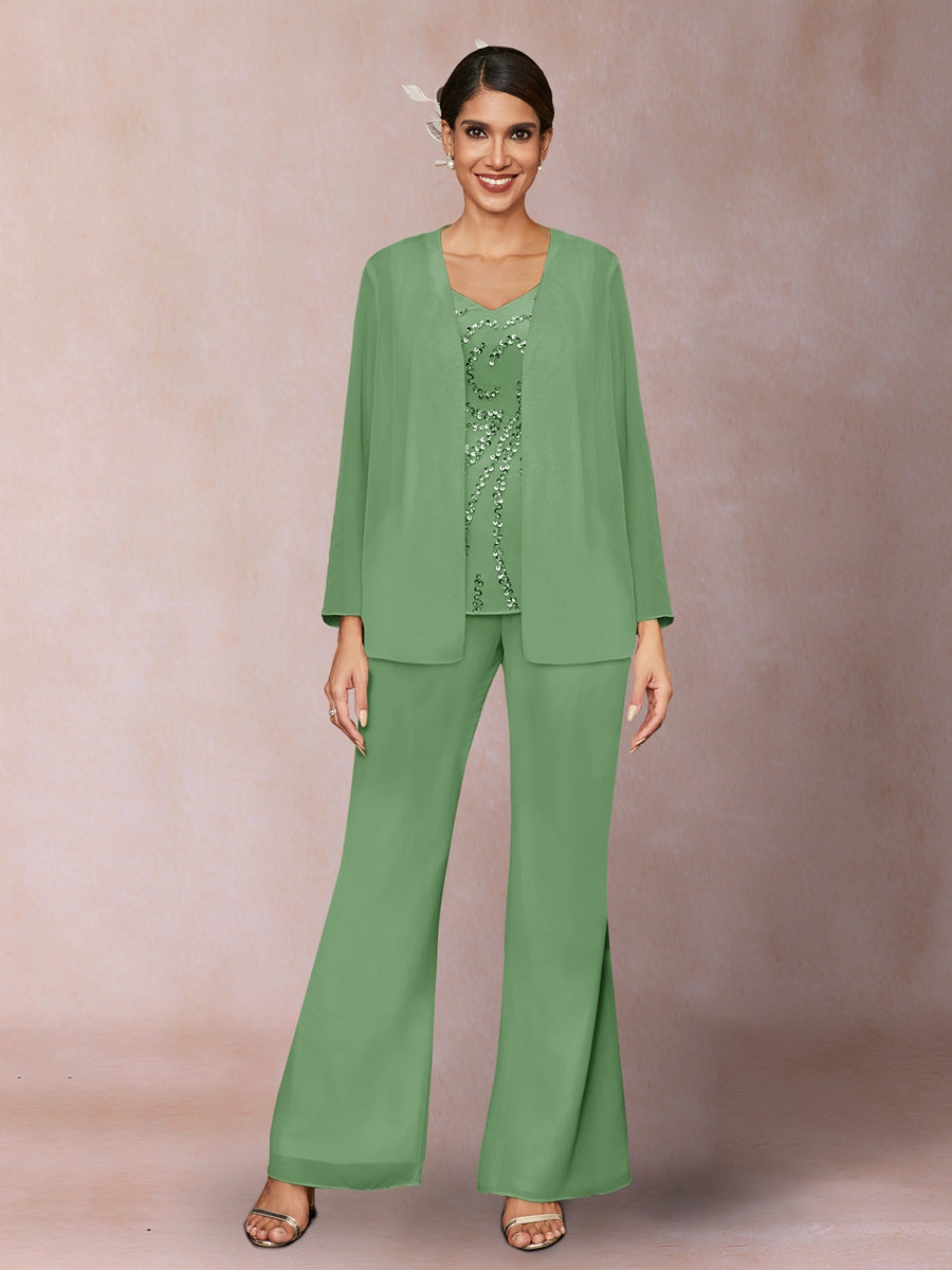Chiffon Pailletten V-Ausschnitt Lange Ärmel 3-teiliger Hosenanzug mit Jacke