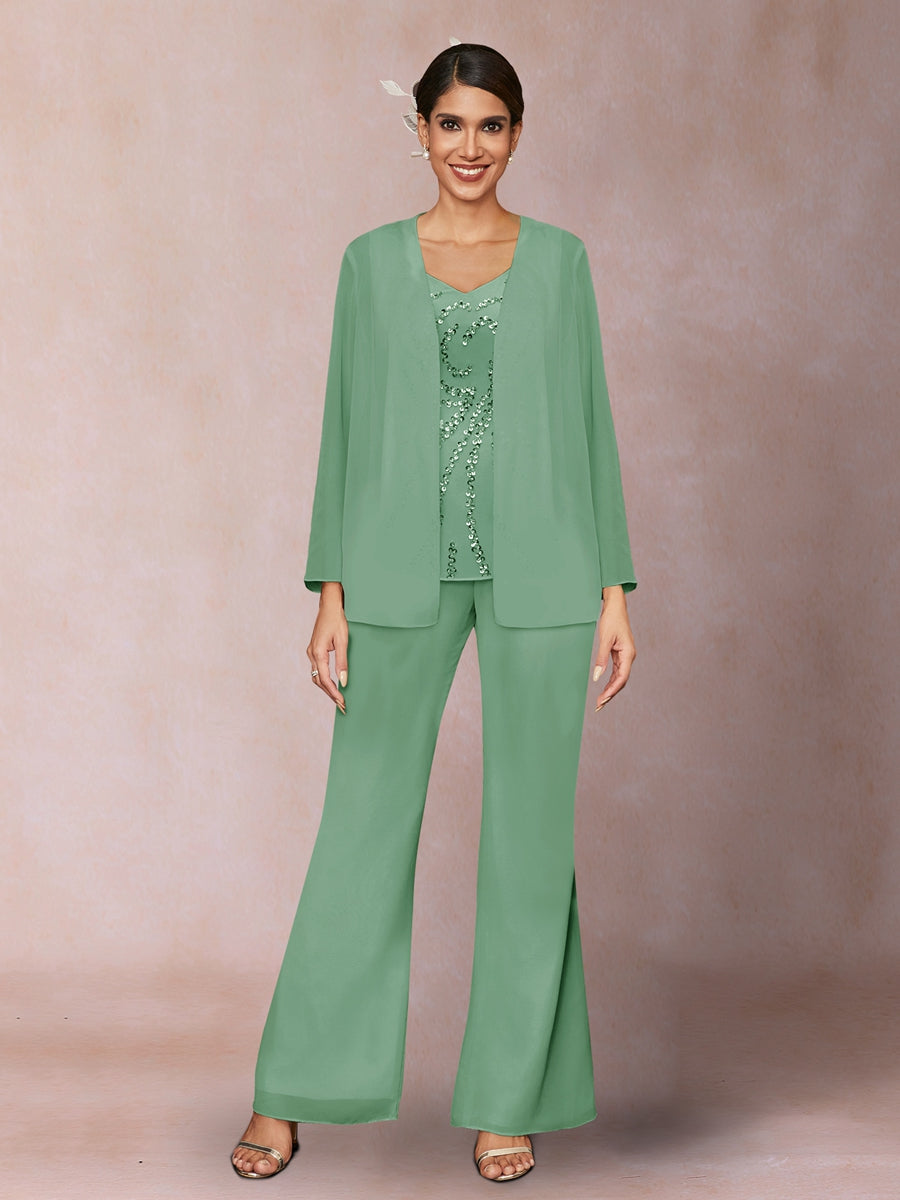 Chiffon Pailletten V-Ausschnitt Lange Ärmel 3-teiliger Hosenanzug mit Jacke