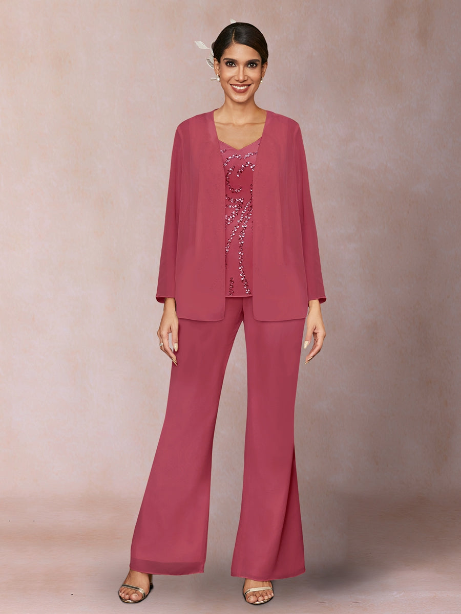Chiffon Pailletten V-Ausschnitt Lange Ärmel 3-teiliger Hosenanzug mit Jacke