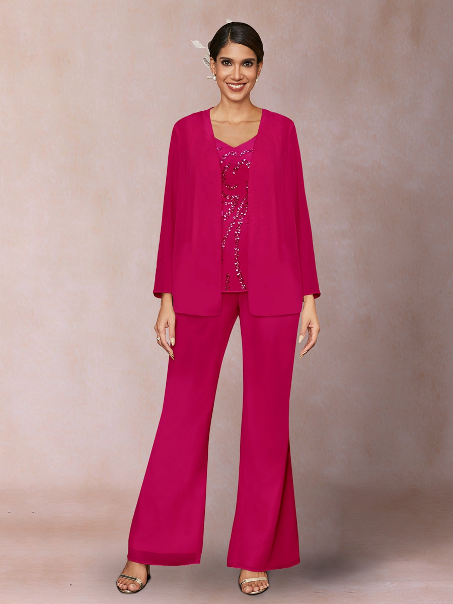 Chiffon Pailletten V-Ausschnitt Lange Ärmel 3-teiliger Hosenanzug mit Jacke