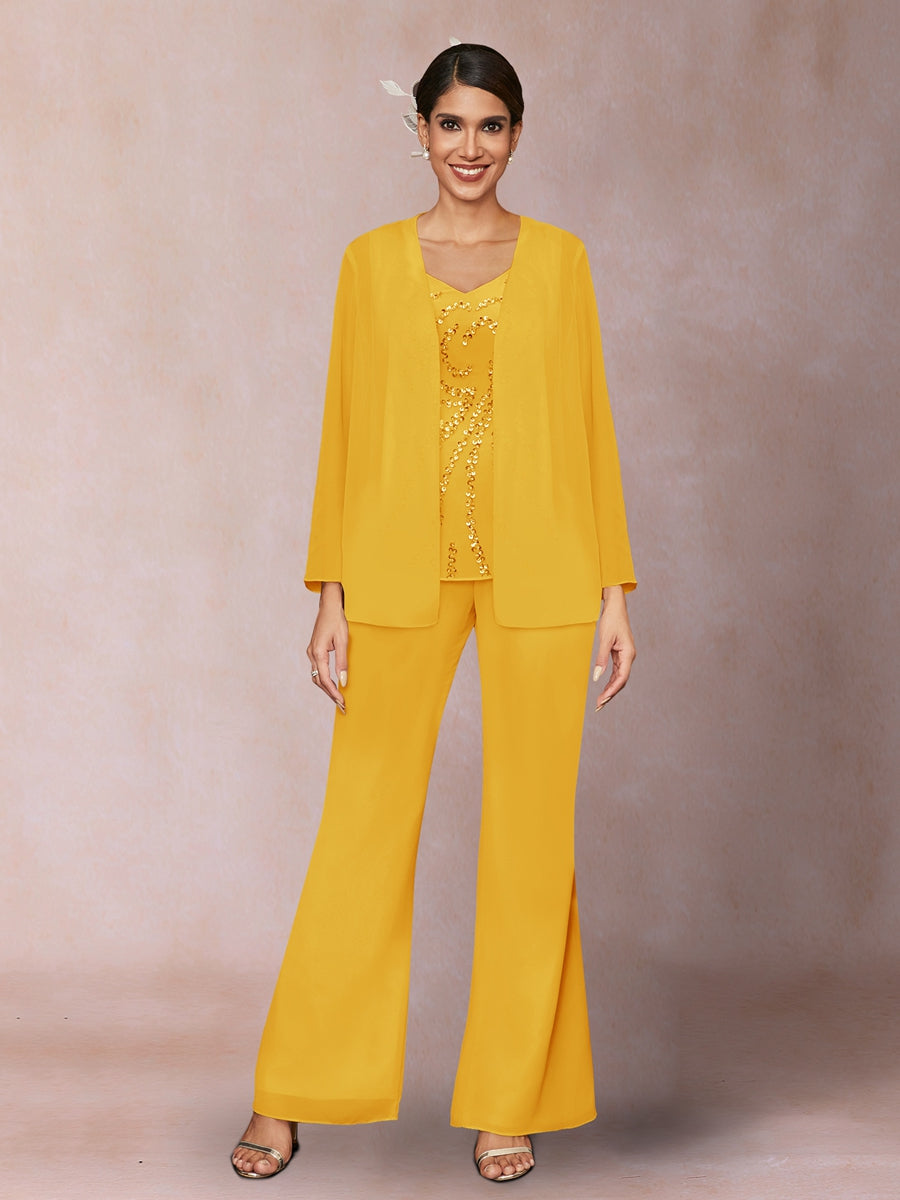 Chiffon Pailletten V-Ausschnitt Lange Ärmel 3-teiliger Hosenanzug mit Jacke