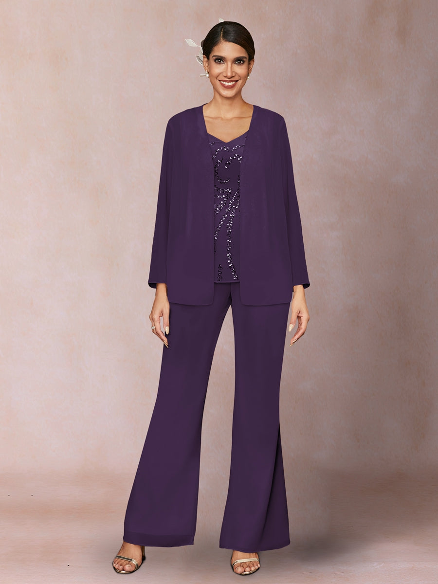 Chiffon Pailletten V-Ausschnitt Lange Ärmel 3-teiliger Hosenanzug mit Jacke