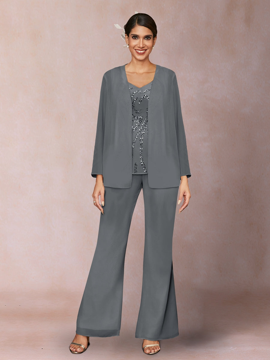 Chiffon Pailletten V-Ausschnitt Lange Ärmel 3-teiliger Hosenanzug mit Jacke