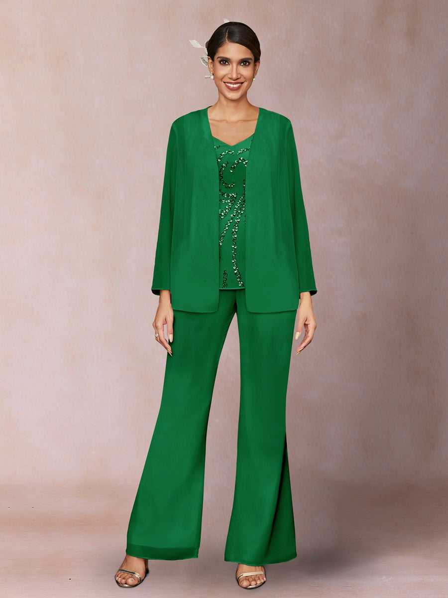 Chiffon Pailletten V-Ausschnitt Lange Ärmel 3-teiliger Hosenanzug mit Jacke