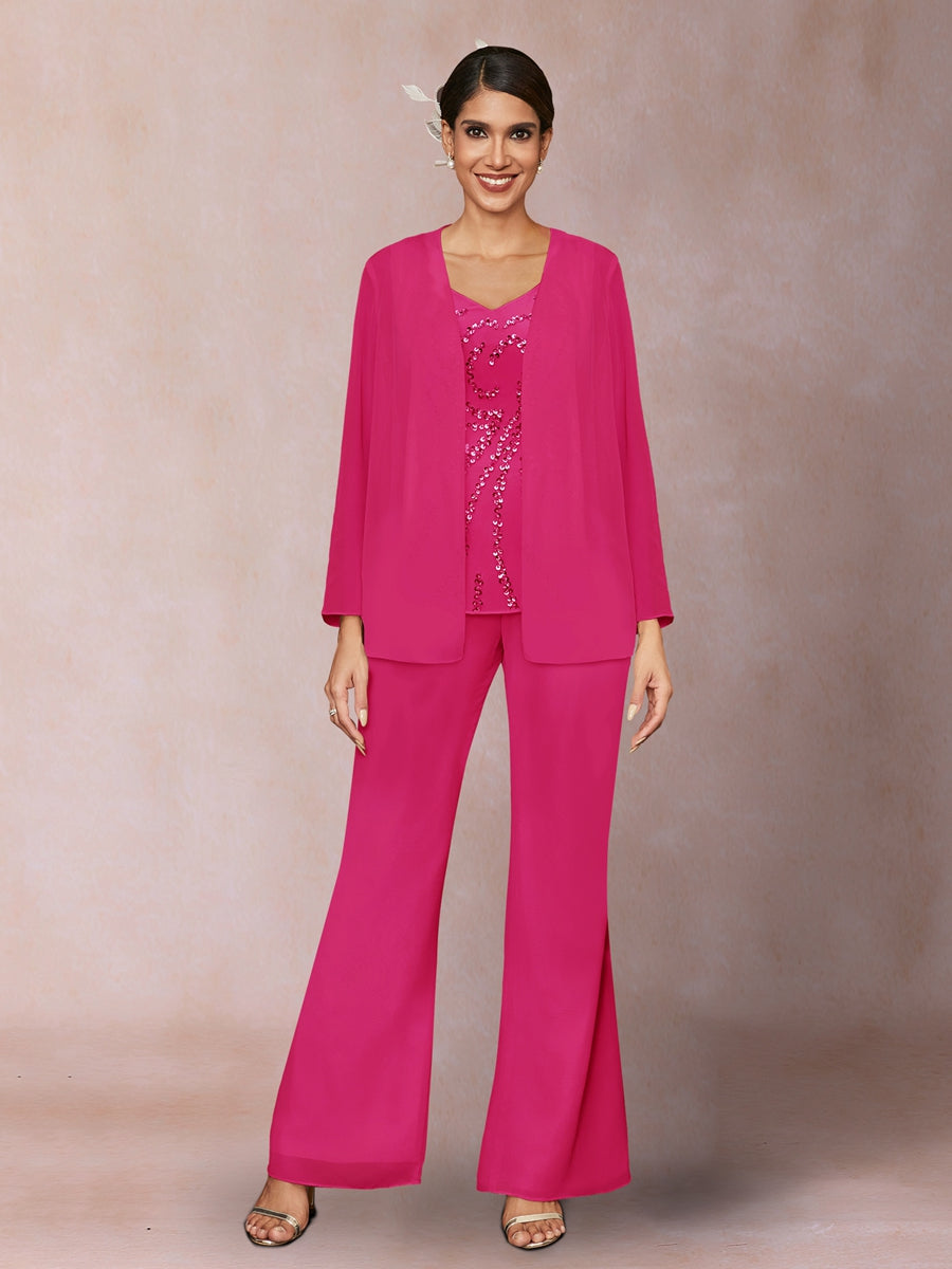Chiffon Pailletten V-Ausschnitt Lange Ärmel 3-teiliger Hosenanzug mit Jacke