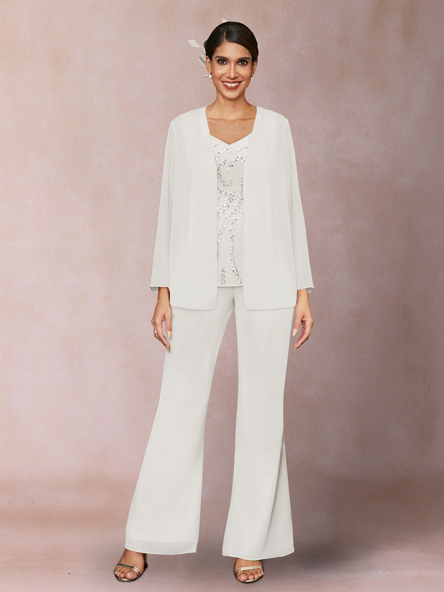 Chiffon Pailletten V-Ausschnitt Lange Ärmel 3-teiliger Hosenanzug mit Jacke