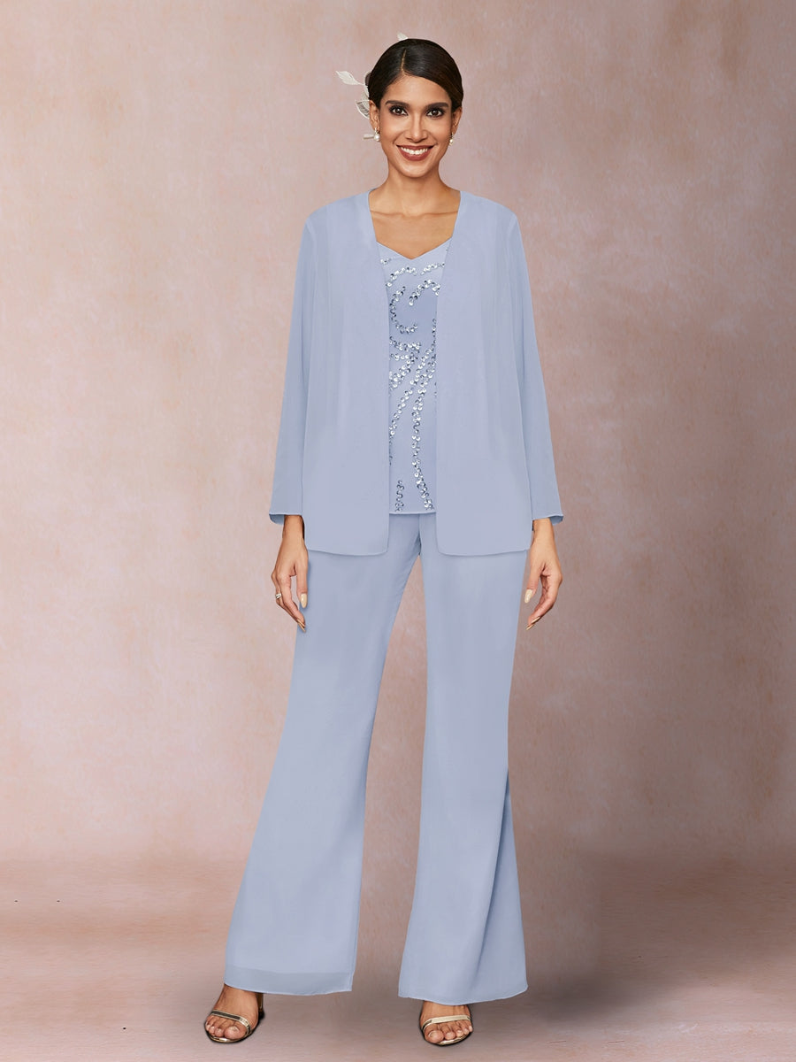 Chiffon Pailletten V-Ausschnitt Lange Ärmel 3-teiliger Hosenanzug mit Jacke