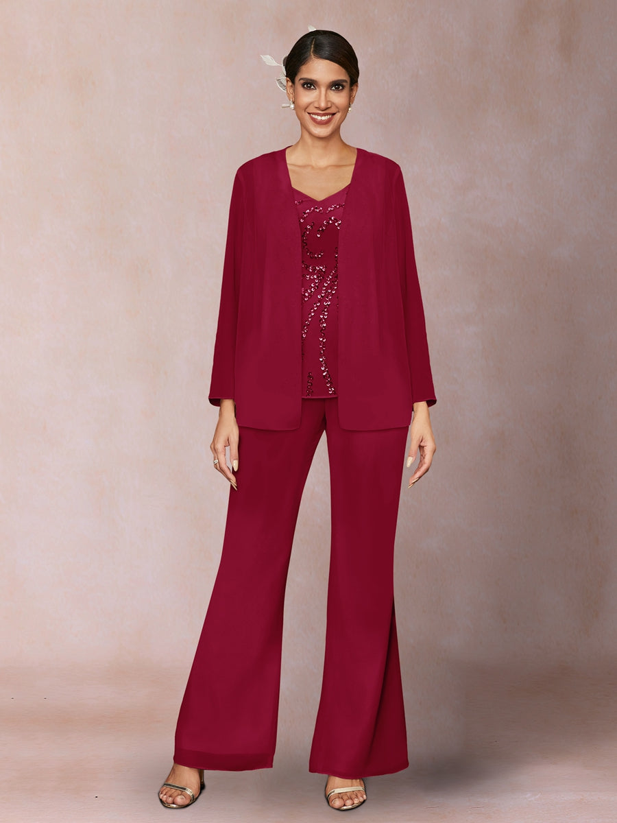 Chiffon Pailletten V-Ausschnitt Lange Ärmel 3-teiliger Hosenanzug mit Jacke