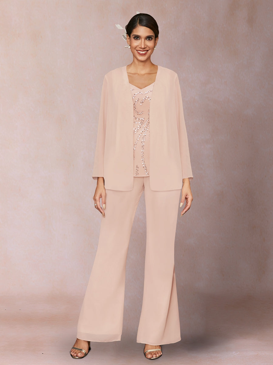 Chiffon Pailletten V-Ausschnitt Lange Ärmel 3-teiliger Hosenanzug mit Jacke