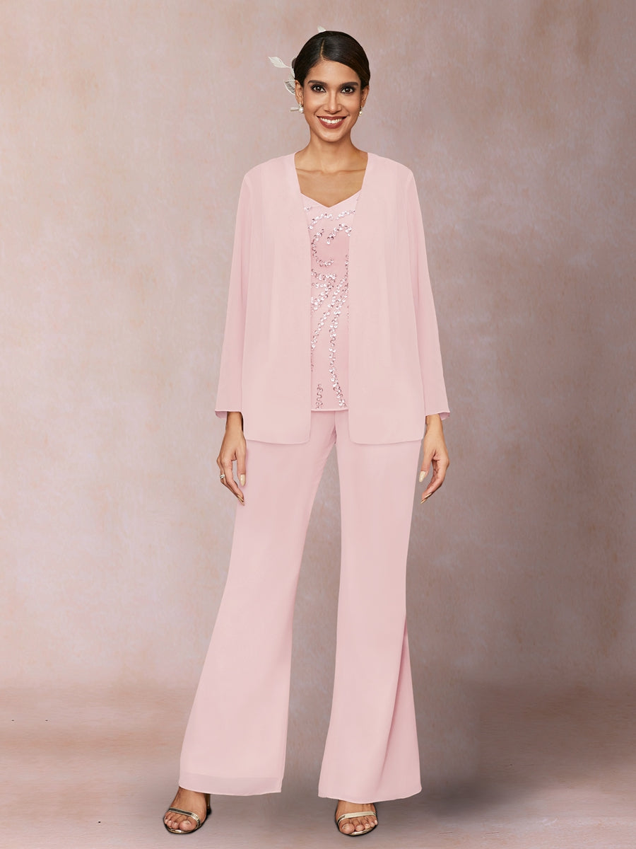 Chiffon Pailletten V-Ausschnitt Lange Ärmel 3-teiliger Hosenanzug mit Jacke