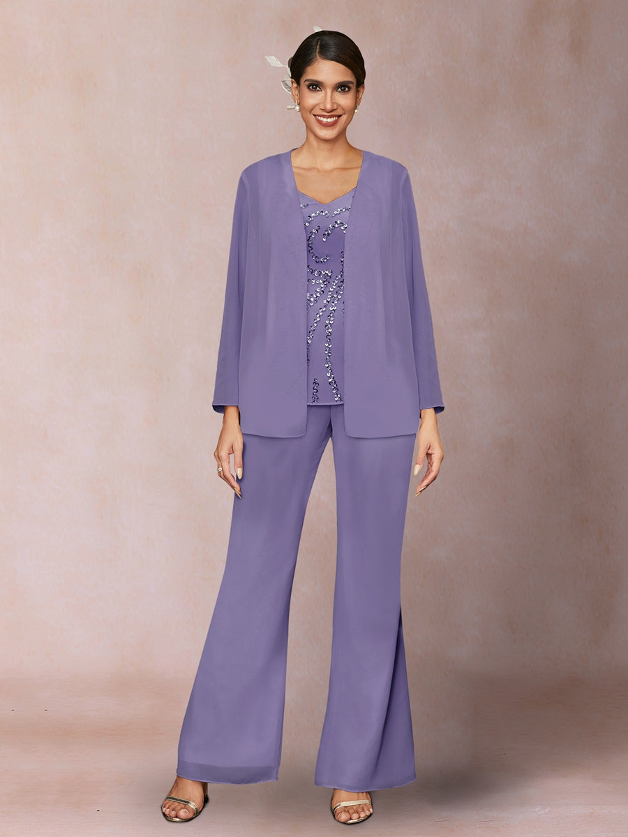 Chiffon Pailletten V-Ausschnitt Lange Ärmel 3-teiliger Hosenanzug mit Jacke