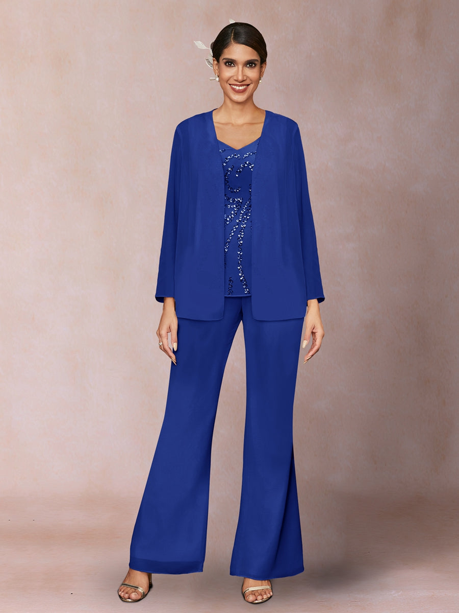 Chiffon Pailletten V-Ausschnitt Lange Ärmel 3-teiliger Hosenanzug mit Jacke