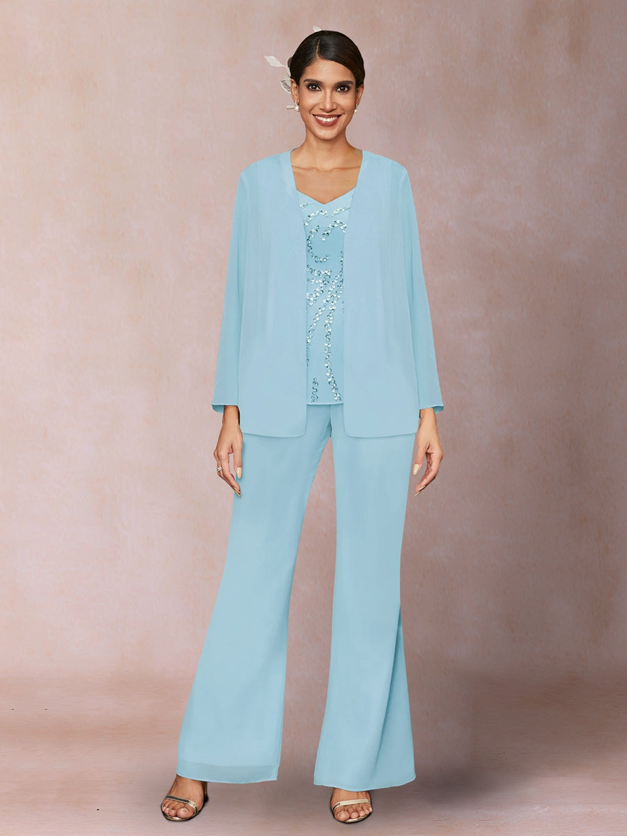 Chiffon Pailletten V-Ausschnitt Lange Ärmel 3-teiliger Hosenanzug mit Jacke