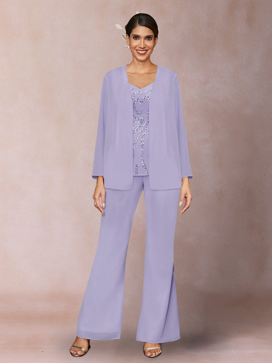 Chiffon Pailletten V-Ausschnitt Lange Ärmel 3-teiliger Hosenanzug mit Jacke