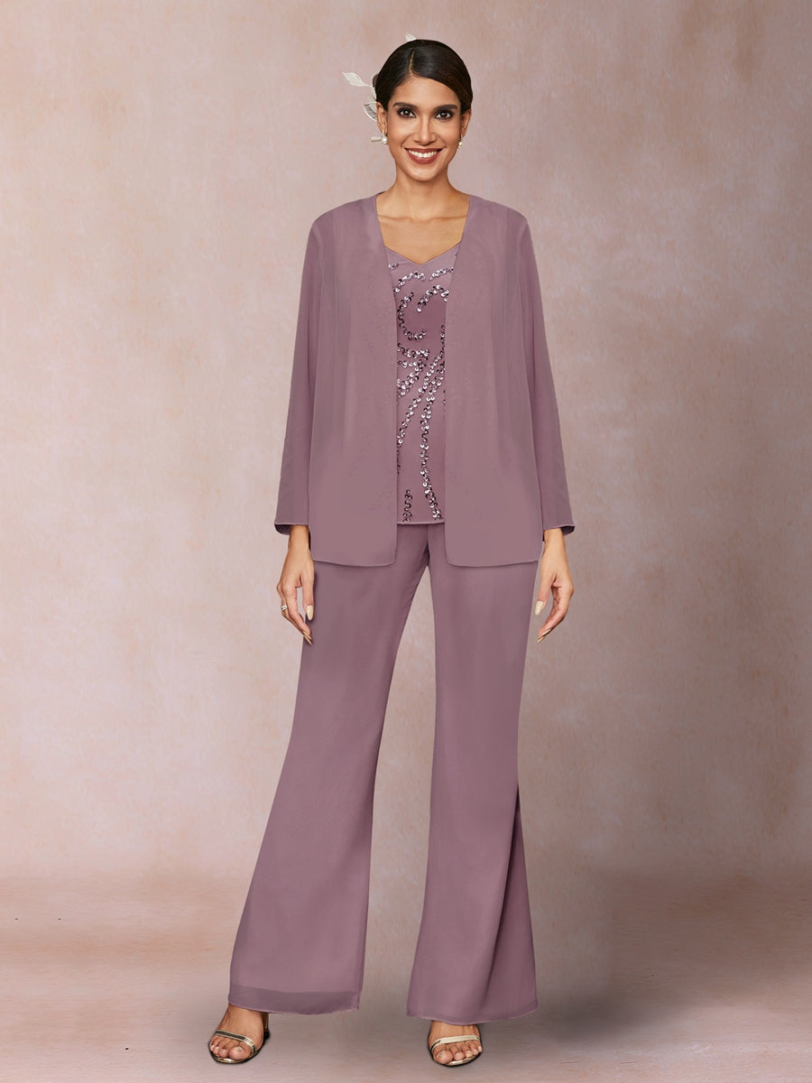 Chiffon Pailletten V-Ausschnitt Lange Ärmel 3-teiliger Hosenanzug mit Jacke