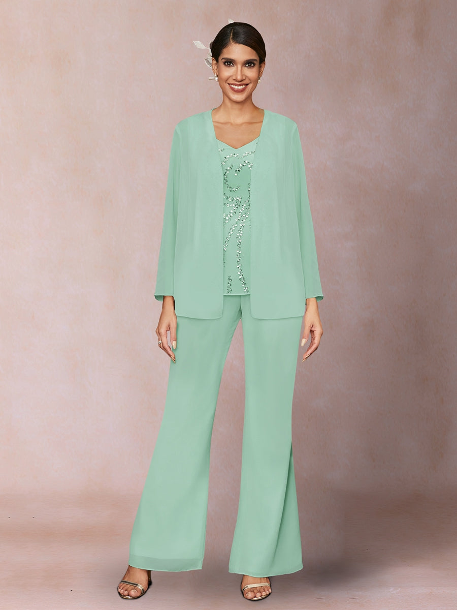 Chiffon Pailletten V-Ausschnitt Lange Ärmel 3-teiliger Hosenanzug mit Jacke