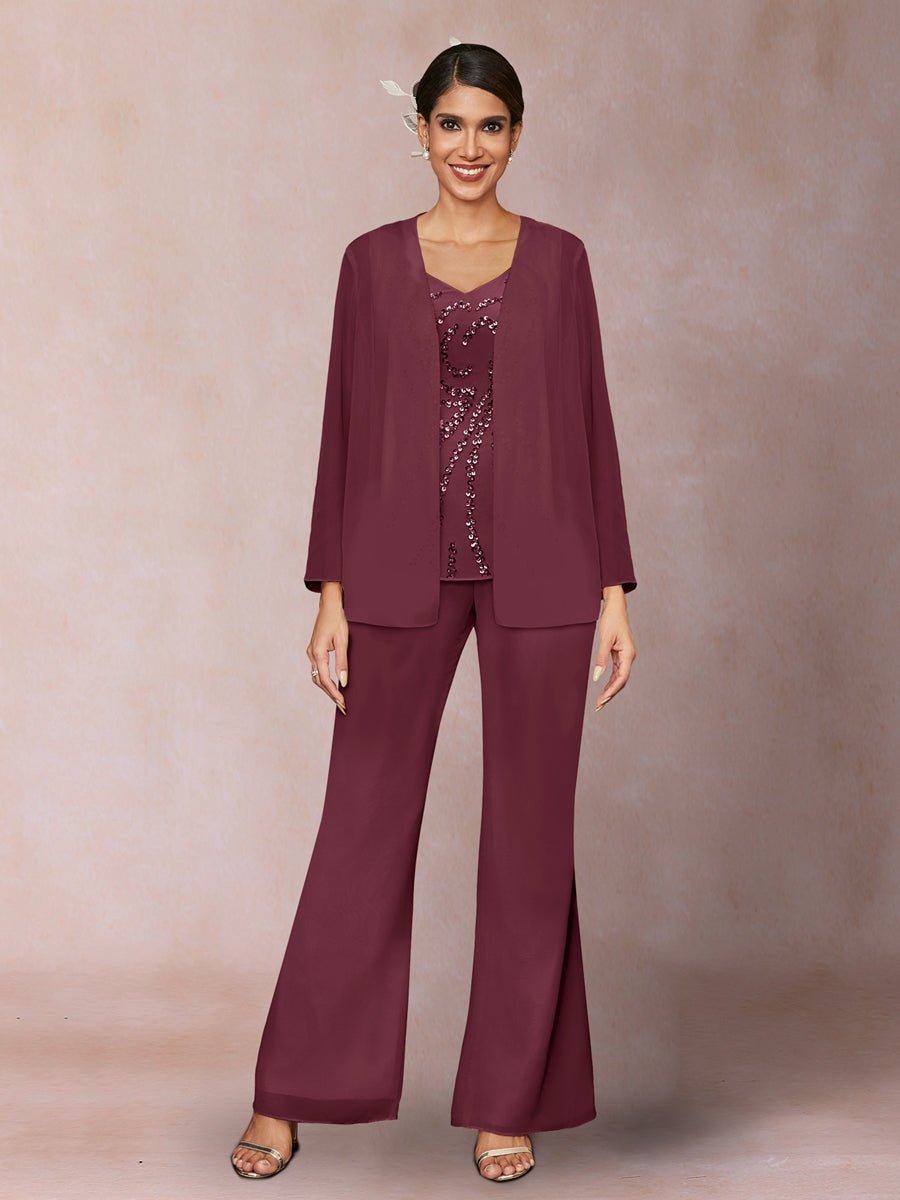 Chiffon Pailletten V-Ausschnitt Lange Ärmel 3-teiliger Hosenanzug mit Jacke