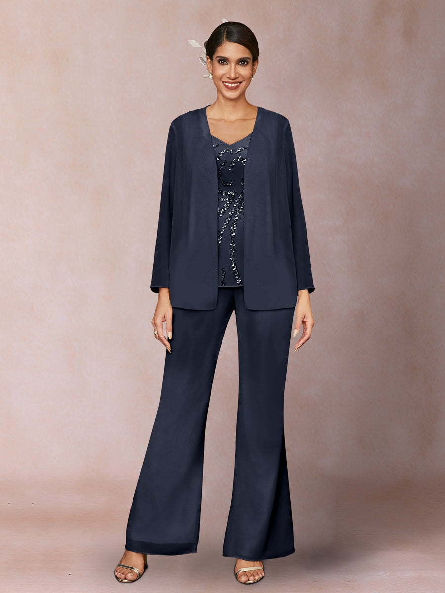 Chiffon Pailletten V-Ausschnitt Lange Ärmel 3-teiliger Hosenanzug mit Jacke